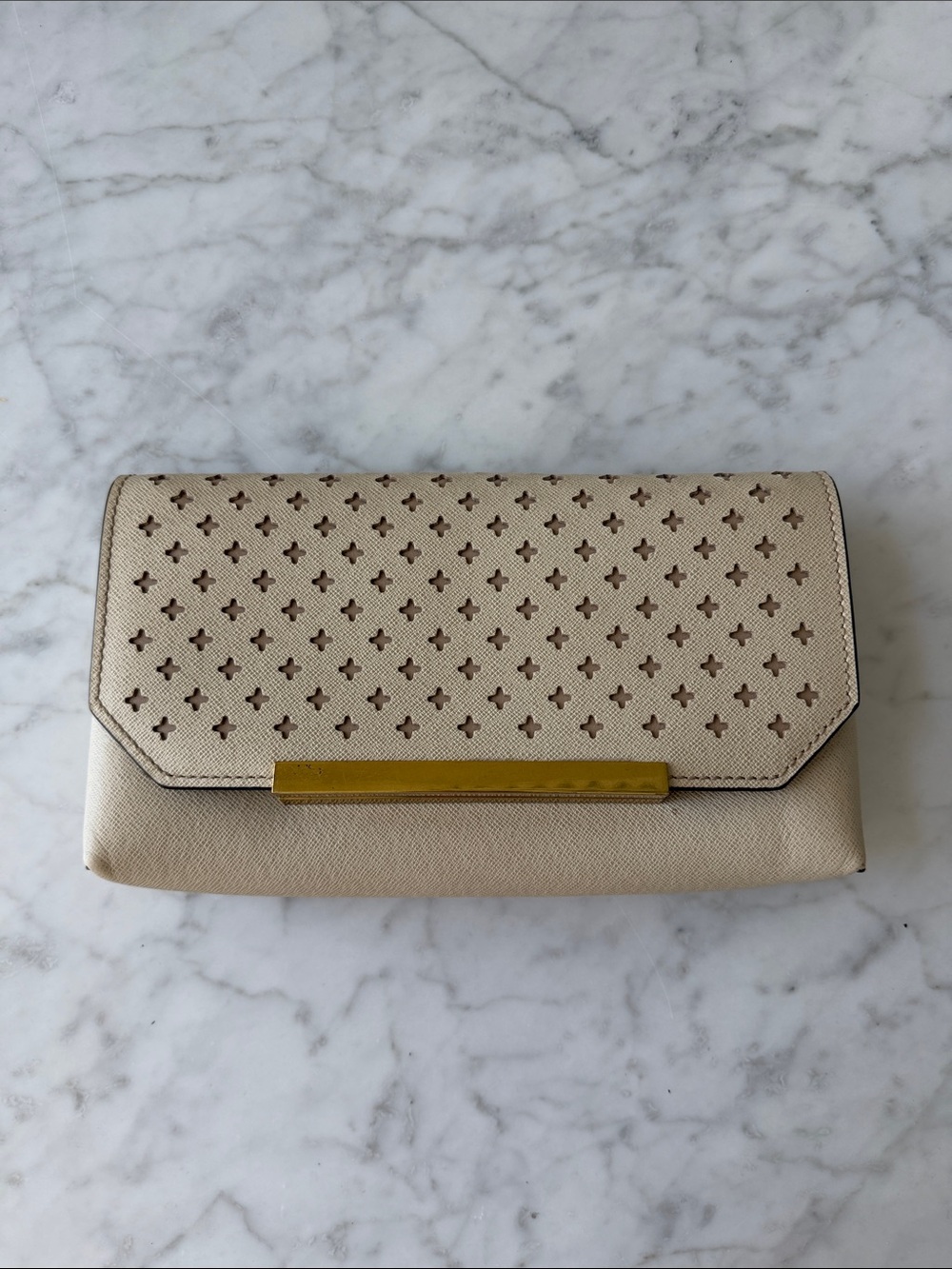 J. Crew Neutral Beige Perforated Women's Leather Clutch Purse